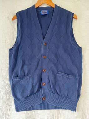 Pendleton Cardigan Sweater Vest Mens Medium Blue Knit Argyle Mercerized Cotton